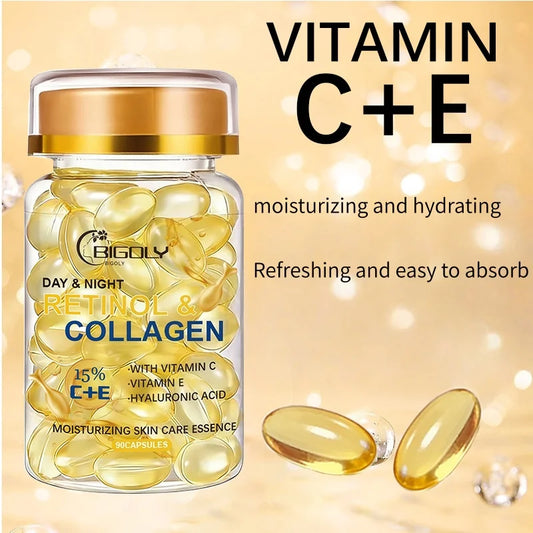 1 Bottle of 90 Capsules of Collagen Moisturizing Skin Care Essence, Containing Collagen to Nourish, Moisturize, and Brighten the Skin, Making It Smooth, Delicate, and Elastic Individually Packaged, a Must-Have Travel Item.