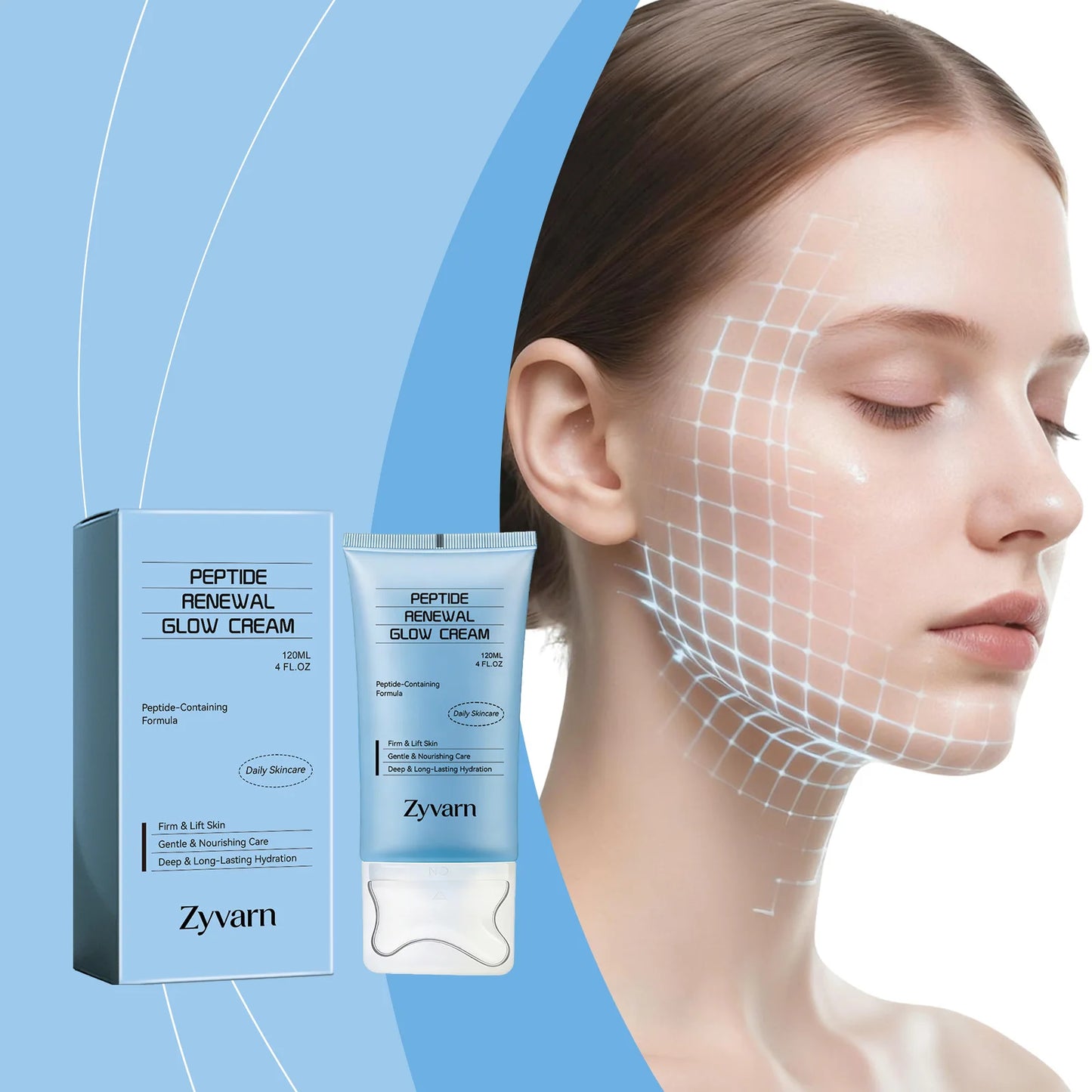 Peptide skincare cream, gently moisturizing, massage onto facial skin, keeps skin hydrated, daily skincare cream