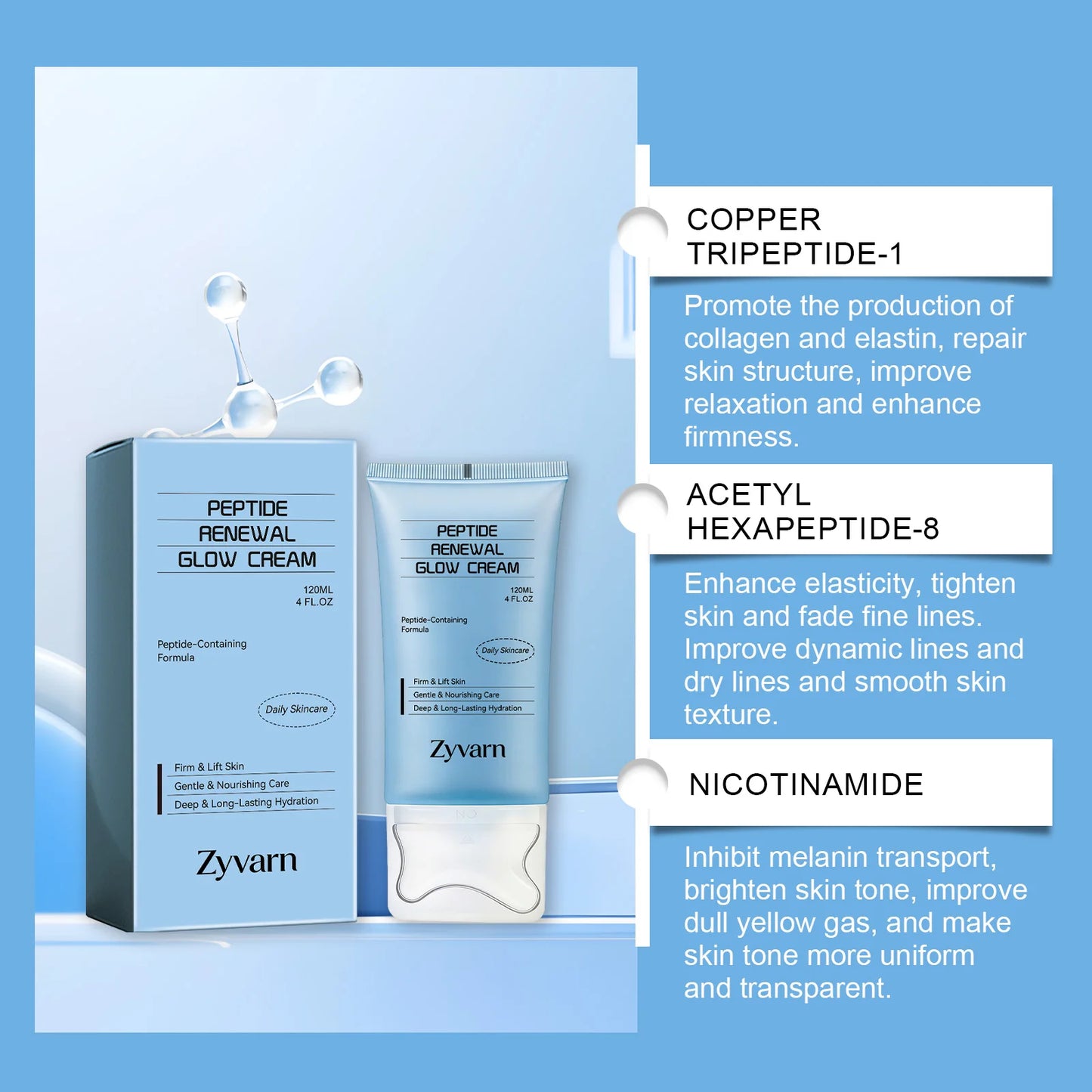 Peptide skincare cream, gently moisturizing, massage onto facial skin, keeps skin hydrated, daily skincare cream