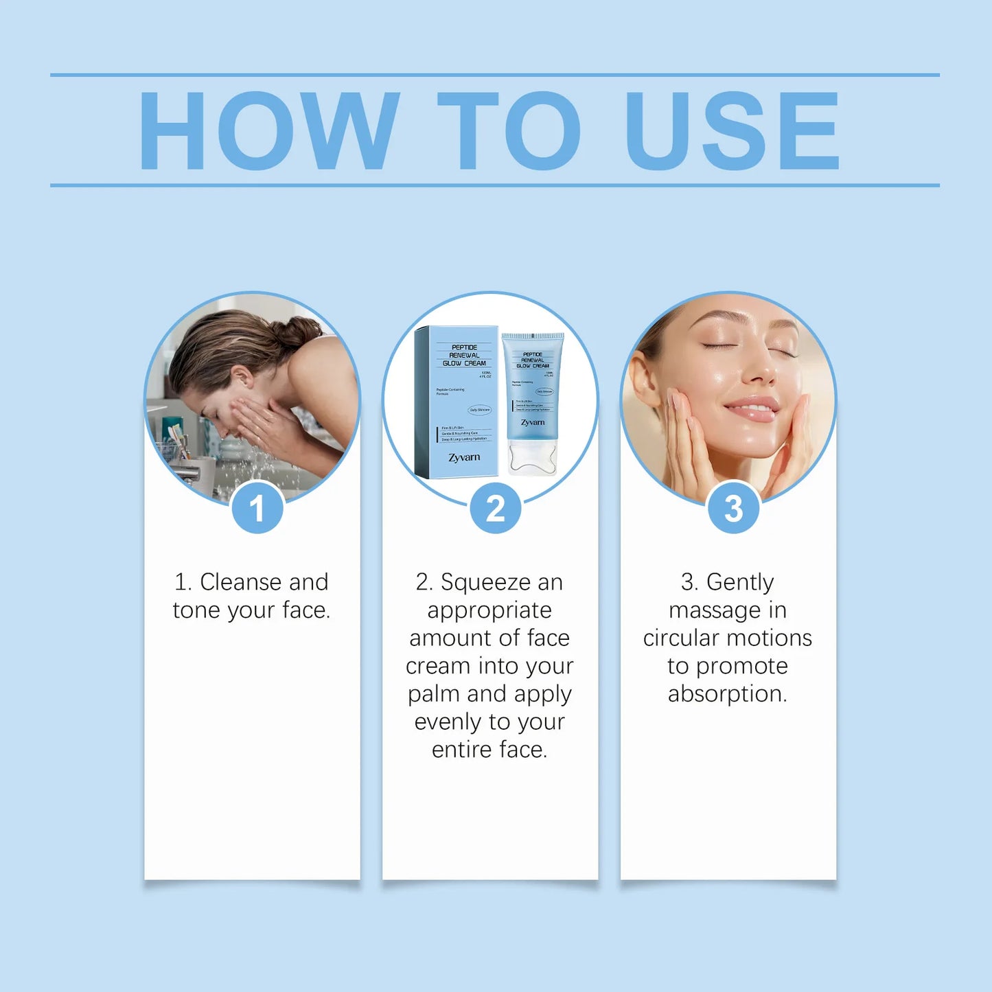 Peptide skincare cream, gently moisturizing, massage onto facial skin, keeps skin hydrated, daily skincare cream